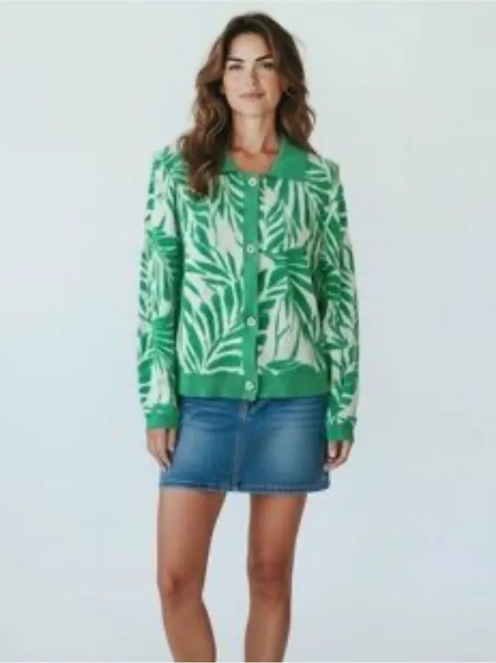 Cynthia Rowley Green Tropical Palm Leaf Tufted Knit Button Up Cardigan Sweater